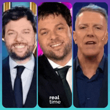 a collage of three men with the words real time at the top