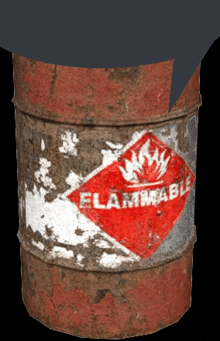 a rusty barrel with a red and white flammable sign on it