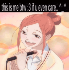 a girl singing into a microphone with the words " this is me btw 3 if u even care " above her