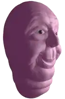 a close up of a purple cartoon character 's face
