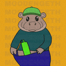 a cartoon of a hippo wearing a green hat and holding a green bottle