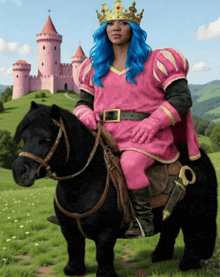 a man with blue hair and a crown is riding a black horse
