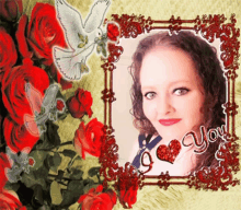 a picture of a woman surrounded by red roses with the words " you " on the bottom