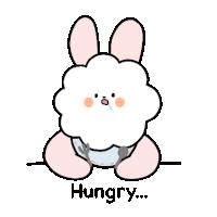 a cartoon rabbit is holding a plate with a fork and knife and says hungry .