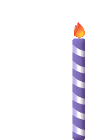 a purple and silver striped birthday candle with a lit flame on top