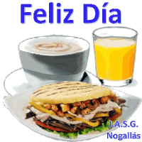 a picture of a sandwich a cup of coffee and a glass of orange juice with the caption feliz dia