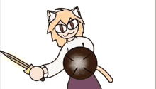 a cartoon of a cat holding a sword and a shield .