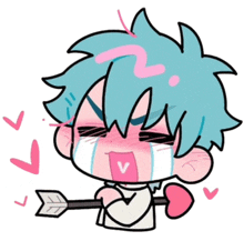 a drawing of a boy holding an arrow and a heart with the letter v in his mouth