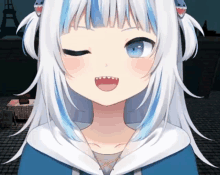 a close up of a girl with white hair and blue eyes making a funny face