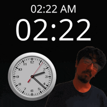a man stands in front of a wall clock that says 2:22 am