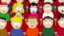 a group of cartoon characters are sitting in red seats with south park written on the bottom right