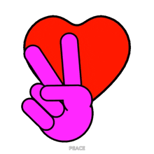 a cartoon hand giving a peace sign in front of a red heart