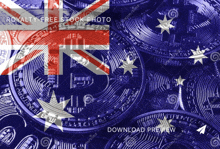 a royalty free stock photo of a stack of bitcoins with the australian flag in the background