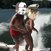 a man and a woman are dancing on a boat with monkey faces on their heads .