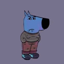 a cartoon dog is wearing a sweater and pants and standing with his arms crossed .