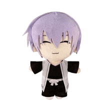 a stuffed toy with purple hair and a white ribbon around his waist