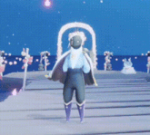 a person is standing on a dock in a video game holding a sword .