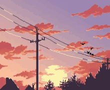 a pixel art painting of a sunset with birds flying over power lines .