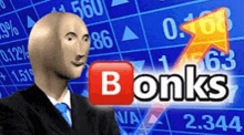 a bald man in a suit and tie is standing in front of a stock chart that says bonks