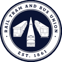 a logo for the rail tram and bus union shows a bus a train and a tram