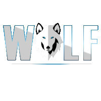 a wolf logo with a blue eyed wolf