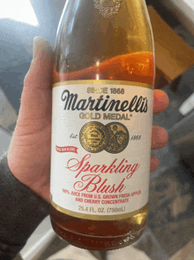 a person is holding a bottle of martinellis sparkling cherry juice