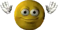 a yellow smiley face with white eyes and white hands