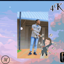 a picture of a man and a cartoon of a man throwing money with the number 4k above him