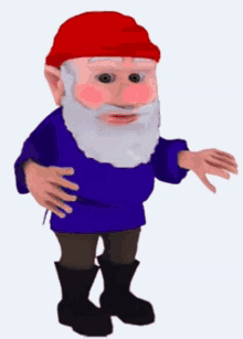 a cartoon gnome wearing a red hat and a blue sweater is standing with his arms outstretched .