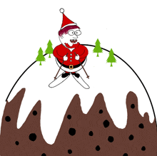 a cartoon drawing of santa claus skiing down a mountain