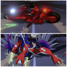 a cartoon of a man riding a motorcycle next to a cartoon of a girl riding a red dragon