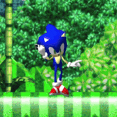 a sonic the hedgehog video game character is standing on a green and white striped platform