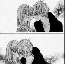 a black and white image of a boy and a girl kissing