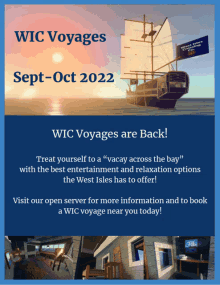 an advertisement for wic voyages shows a boat in the ocean