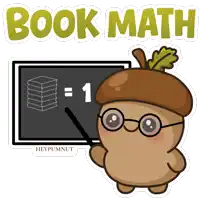 a cartoon of an acorn pointing at a blackboard with the words book math above it