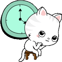 a cartoon cat sits on a stool with a clock behind it