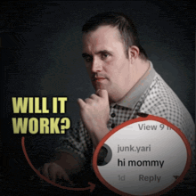 a man with down syndrome is looking at a screen with a reply from hi mommy