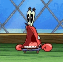 a cartoon character from spongebob squarepants is standing on a green floor with his mouth open .