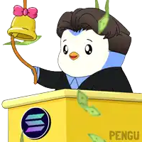 a cartoon of a penguin holding a bell with the word pengu on the bottom right