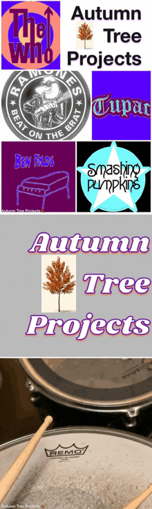 an advertisement for autumn tree projects shows a drum and drumsticks