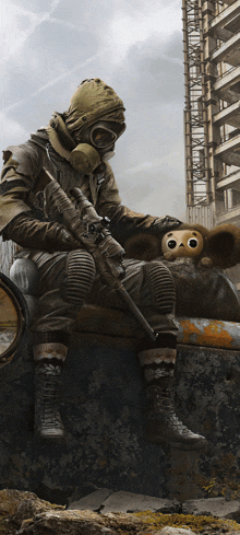 a man in a gas mask is sitting on a car with a stuffed animal