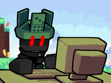 a cartoon character with a domino on his head is sitting in front of a computer