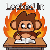 a cartoon of a monkey sitting at a desk with the words " locked in " behind him
