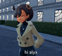 a cartoon character says hi alyx in front of a large building