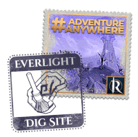 a stamp that says adventure anywhere next to another stamp that says everlight