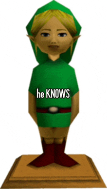 a statue of link with the words he knows on the front