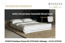 an advertisement for berlin 's new premium sustainable lifestyle brand shows a bed