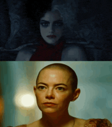 a woman with a shaved head and a woman with a wig
