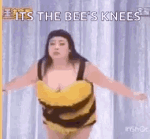 a woman in a bee costume is standing in front of a curtain with her arms outstretched .