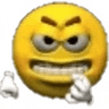 a yellow smiley face with a very angry face and white gloves on .